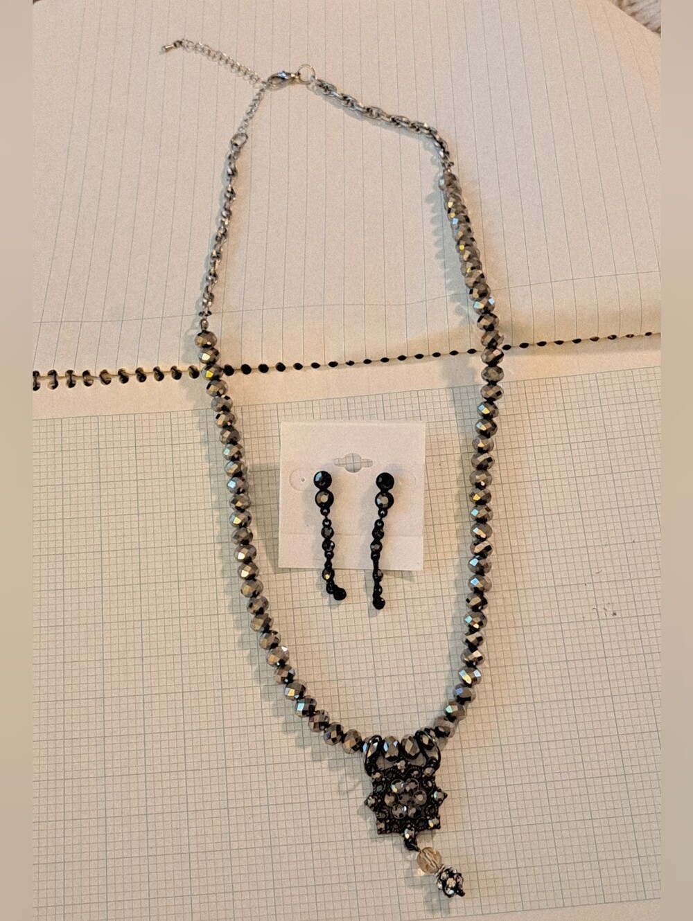 Hematite-Tone Mirror Faceted Beaded Necklace w/ Floral Pendant and Drop Earrings